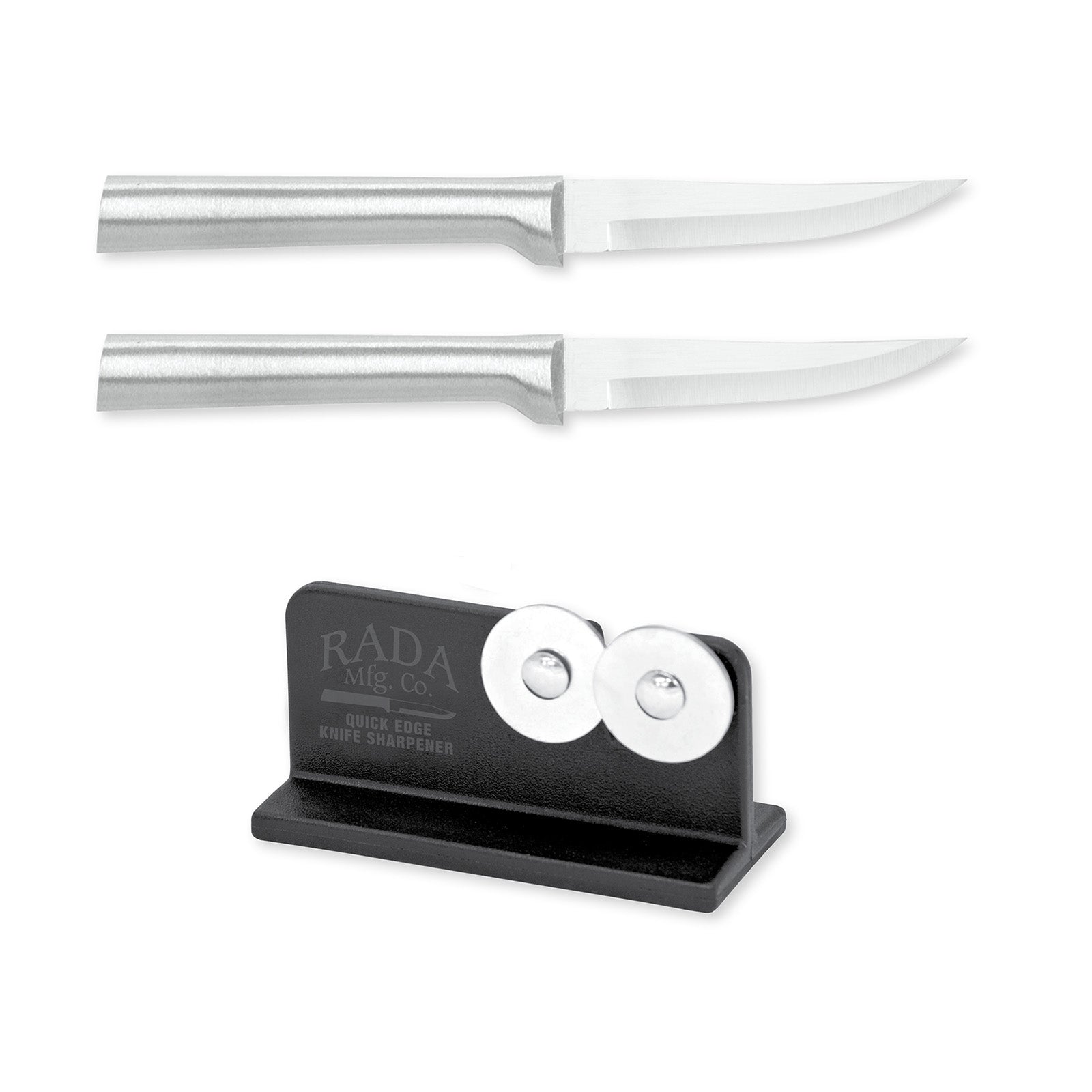 Rada Cutlery Heavy Duty 3.25-Inch Paring Knife Set of 2, Silver Handles & Quick Edge Knife Sharpener