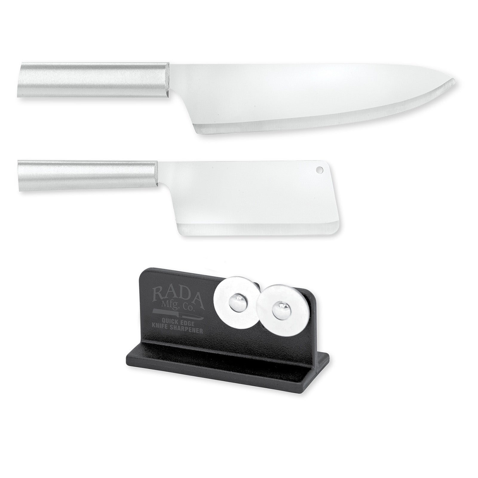 Rada Cutlery 8.5-Inch French Chef Knife, 5.25 Inch Chef's Dicer Knife, Silver Handles & Quick Edge Knife Sharpener