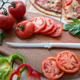 Rada Cutlery 5.25-Inch Cheese Knife & 5-Inch Tomato Slicer, Stainless Steel Serrated Blades, Silver Handles