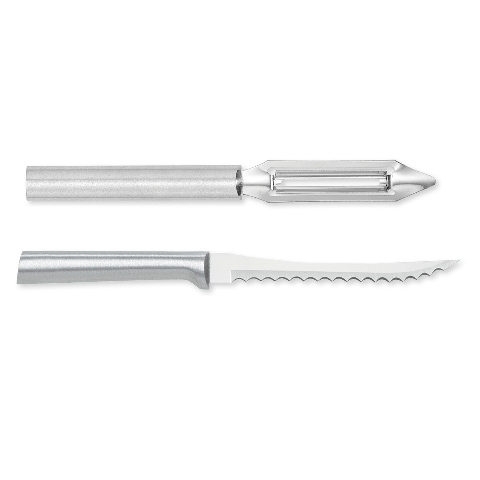 Rada Cutlery 2-Inch Deluxe Vegetable Peeler & 5-Inch Tomato Slicer Stainless Steel Serrated Blade, Silver Handles