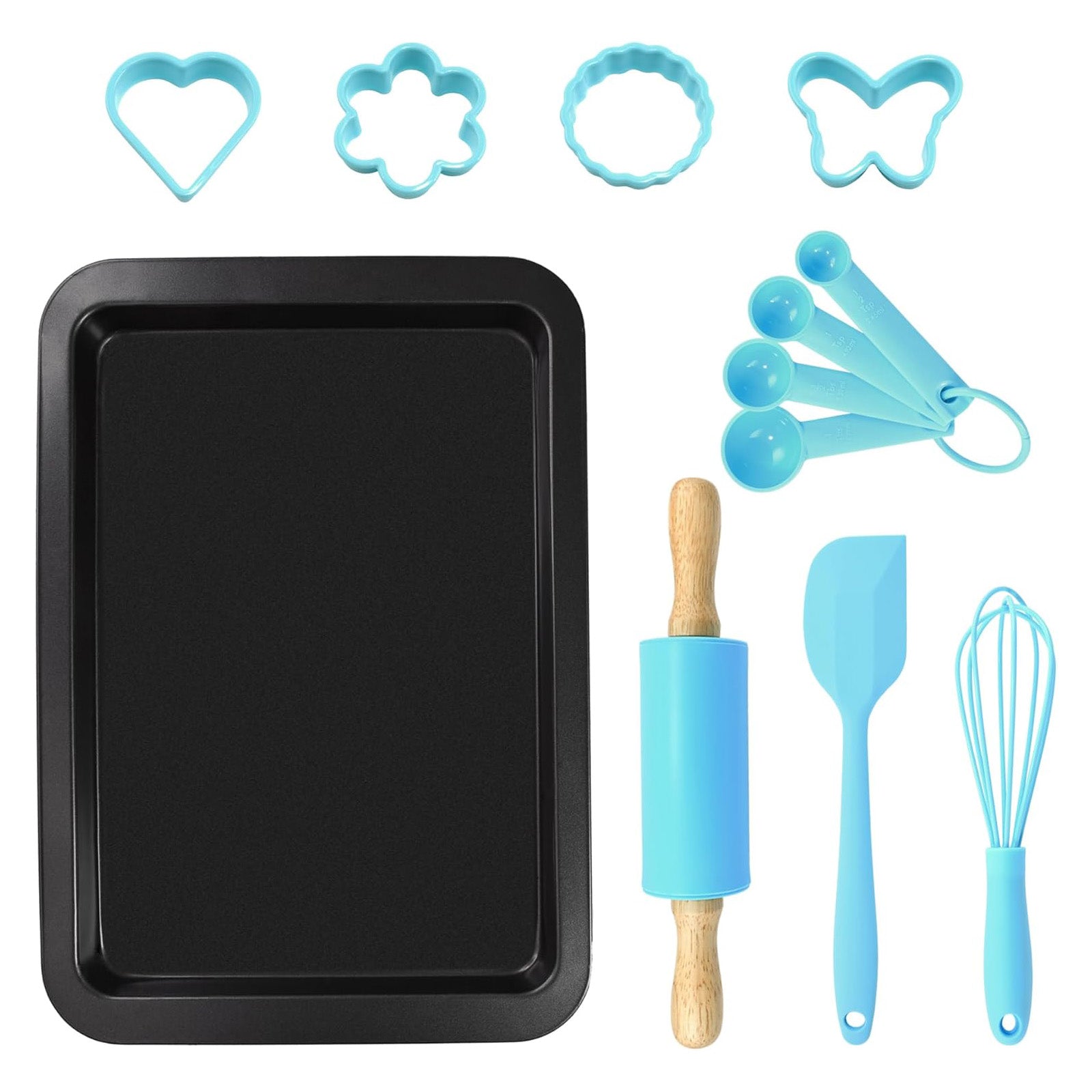 R&M International Junior 12 Piece Bakeware Set with Pan, Rolling Pin, Tools, and Cookie Cutters