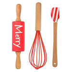 R&M International Christmas 3 Piece Mini Baking Set with Spatula, Rolling Pin, and Whisk