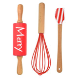 R&M International Christmas 3 Piece Mini Baking Set with Spatula, Rolling Pin, and Whisk