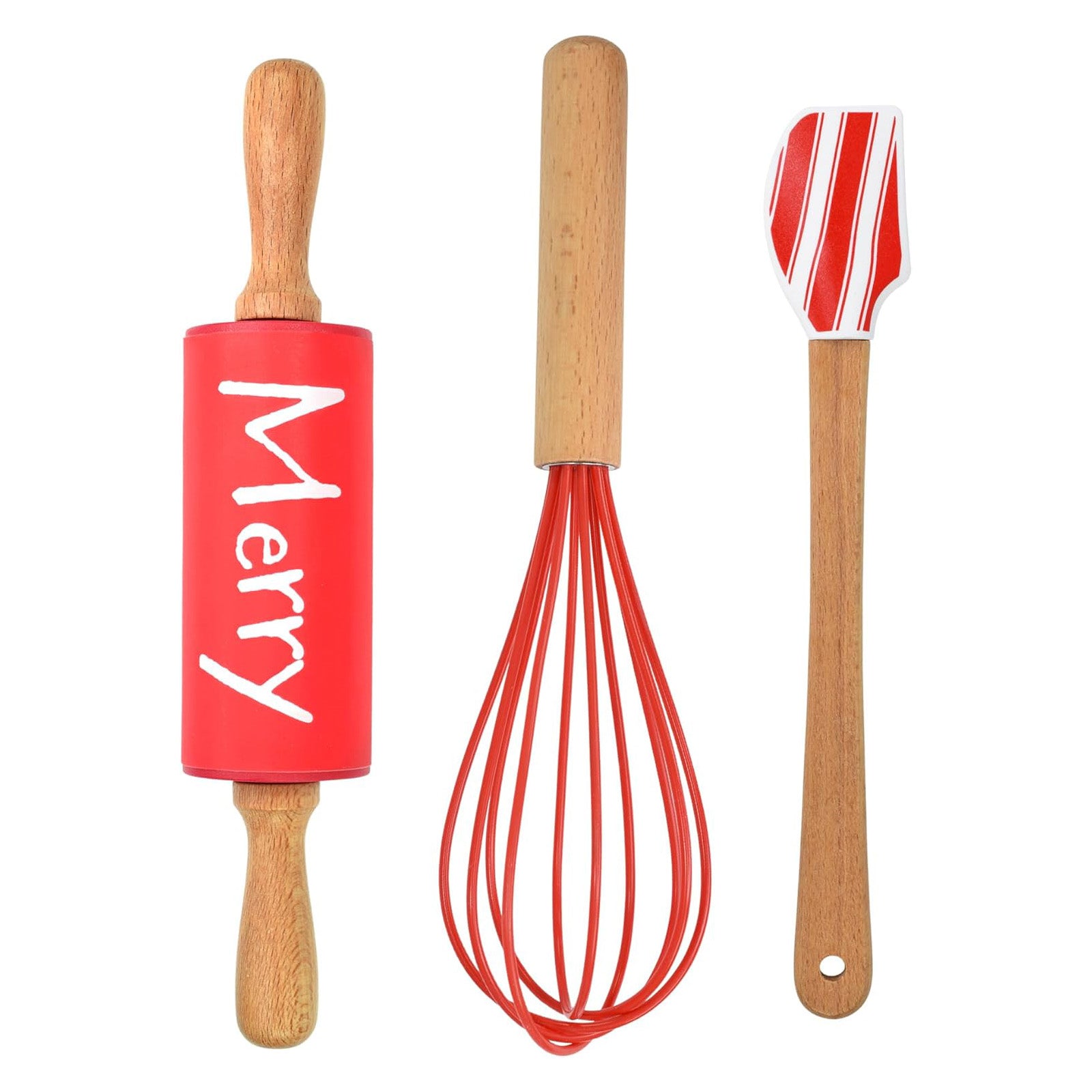 R&M International Christmas 3 Piece Mini Baking Set with Spatula, Rolling Pin, and Whisk