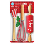 R&M International Christmas 3 Piece Mini Baking Set with Spatula, Rolling Pin, and Whisk
