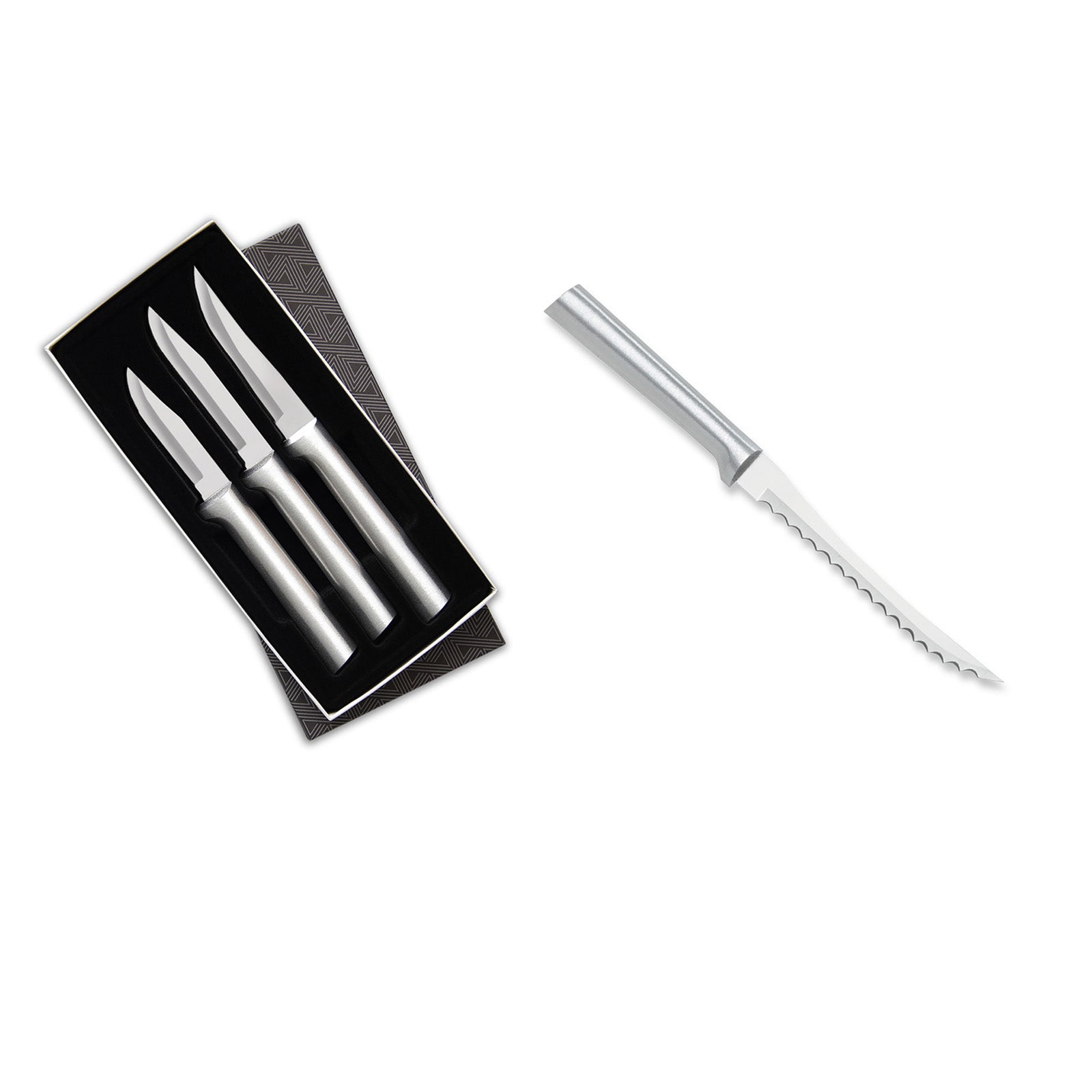 Rada 3 Piece Paring Knives Galore Set & 5-Inch Tomato Slicer Stainless Steel Serrated Blade, Silver Handles