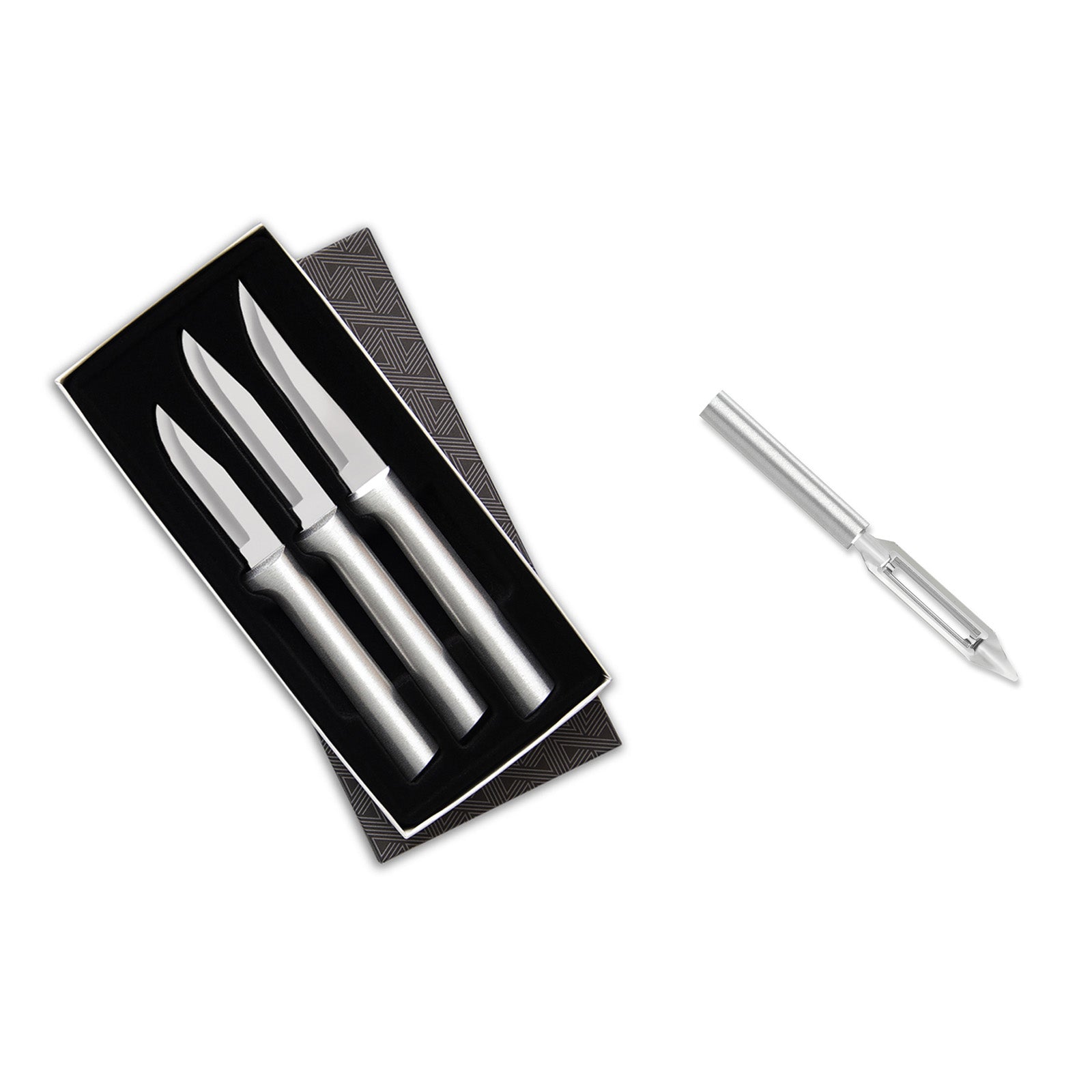 Rada 3 Piece Paring Knives Galore Set & 1.75-Inch Swivel Vegetable Peeler, Silver Handles