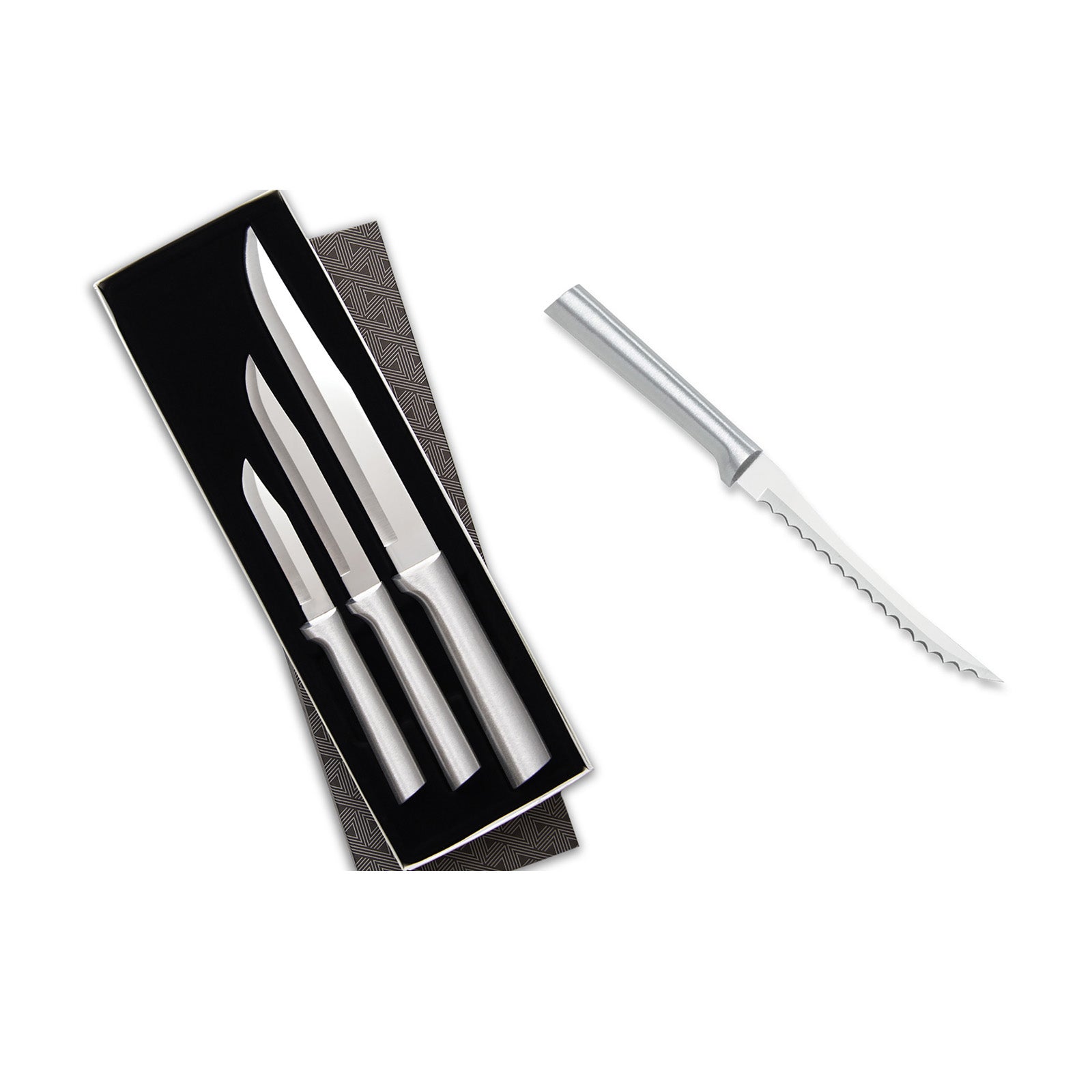 Rada 3 Piece Housewarming Knife Gift Set & 5-Inch Tomato Slicer Stainless Steel Serrated Blade, Silver Handles