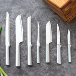 Rada Essential Oak 8 Piece Knife Block Set with Knife Sharpener & 6 Piece Steak Knife Set, Silver Handles