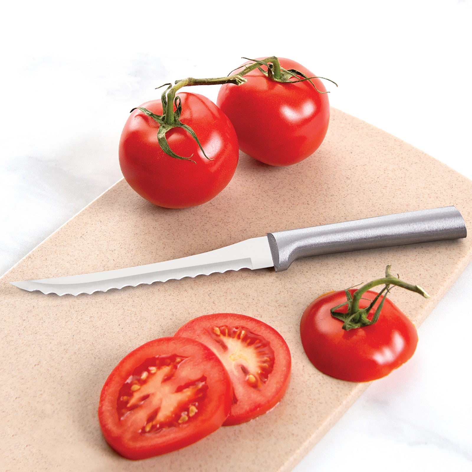 Rada Essential Oak 8 Piece Knife Block Set with Knife Sharpener & 6 Piece Steak Knife Set, Silver Handles