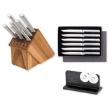 Rada Essential Oak 8 Piece Knife Block Set with Knife Sharpener & 6 Piece Steak Knife Set, Silver Handles