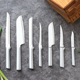 Rada Essential Oak 8 Piece Knife Block Set with Knife Sharpener & 6 Piece Serrated Steak Knife Set, Silver Handles
