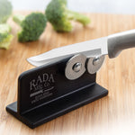 Rada Essential Oak 8 Piece Knife Block Set with Knife Sharpener & 6 Piece Serrated Steak Knife Set, Silver Handles