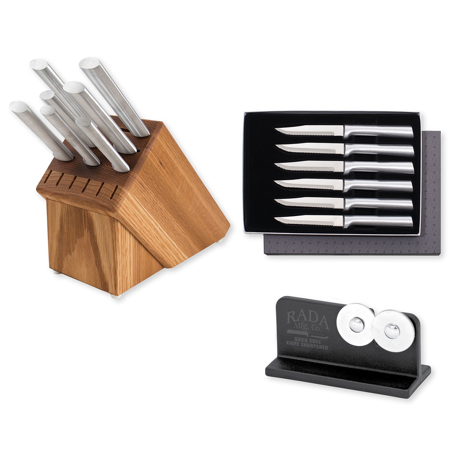 Rada Essential Oak 8 Piece Knife Block Set with Knife Sharpener & 6 Piece Serrated Steak Knife Set, Silver Handles