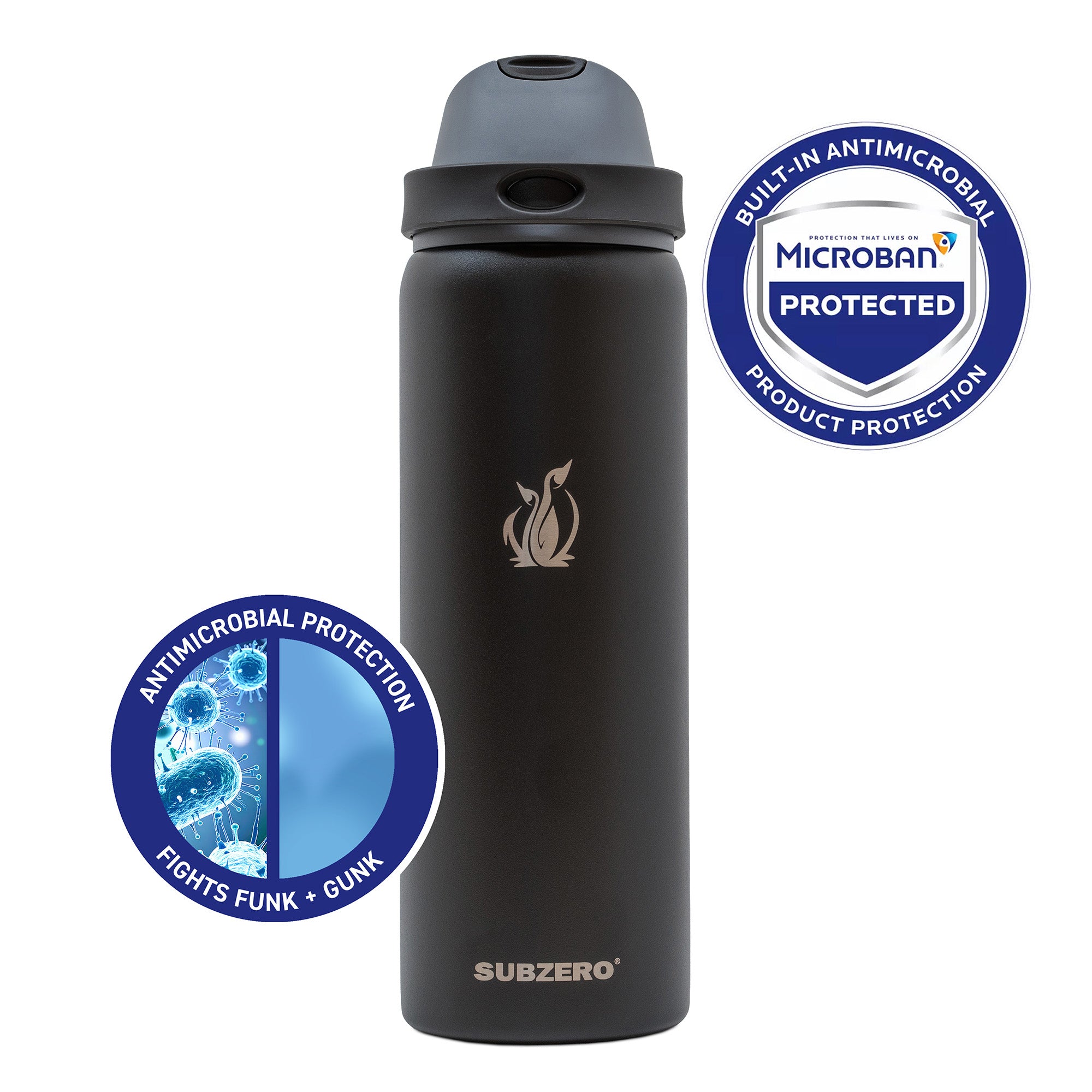 SUBZERO® DUO 32 Ounce Caviar Water Bottle with Straw and Flip Up Handle, Copper Lined Stainless Steel, Leak Proof