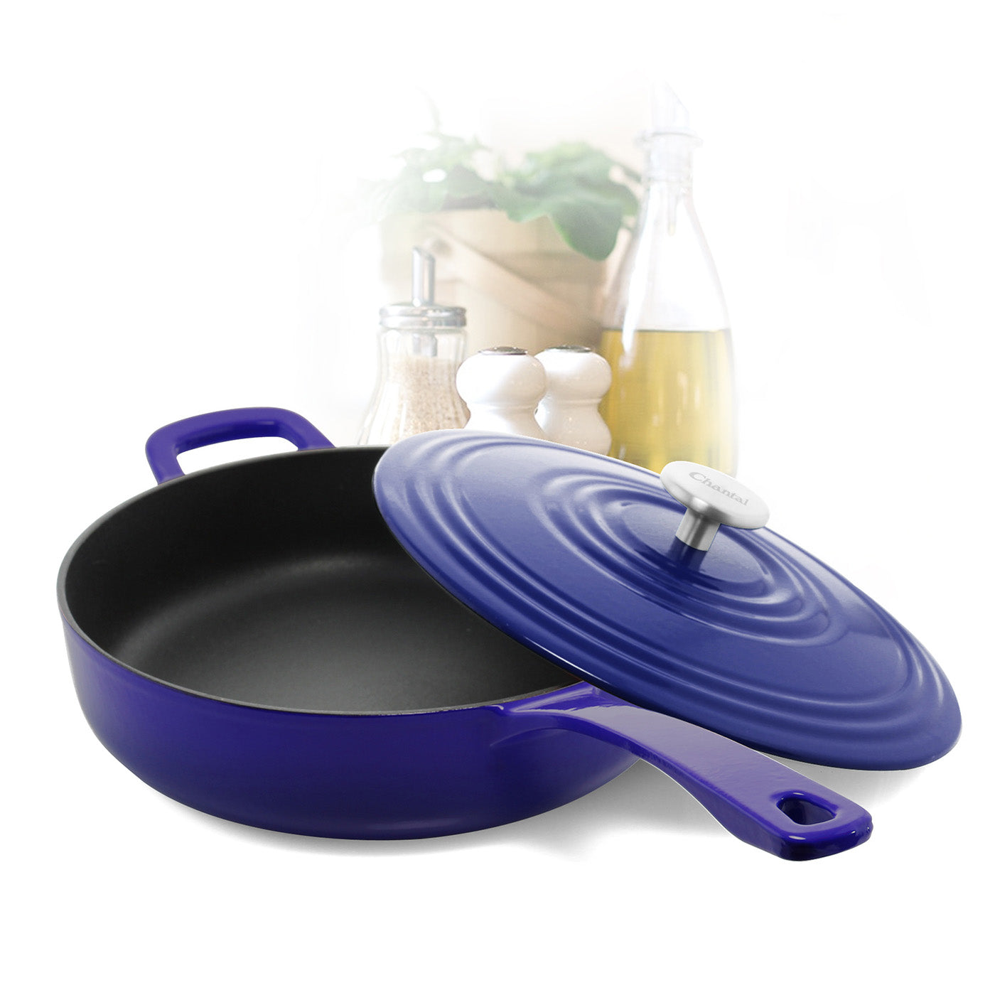 Chantal 5 qt. Round Cast-Iron Saute Skillet w/ Lid, Cobalt Blue