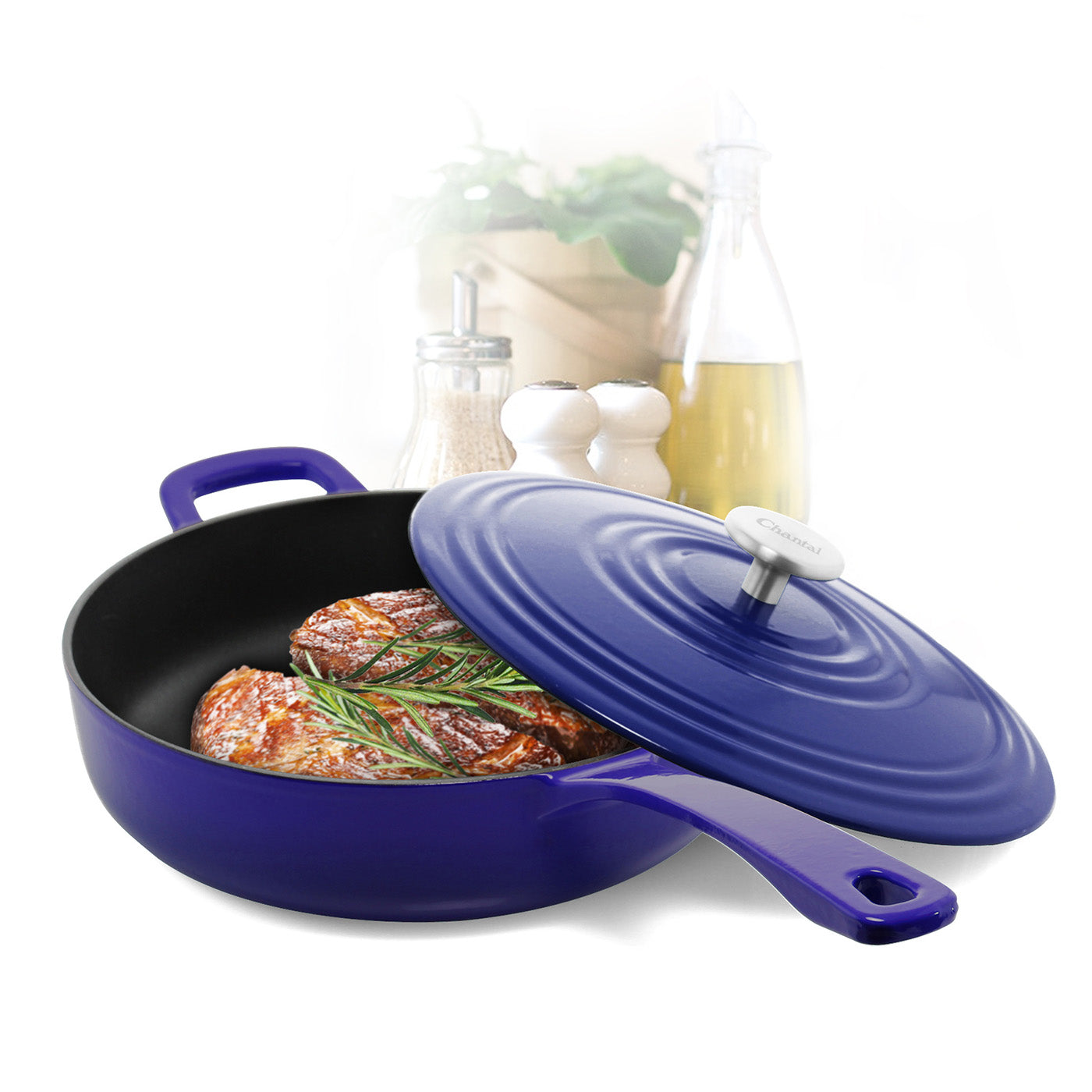 Chantal 5 qt. Round Cast-Iron Saute Skillet w/ Lid, Cobalt Blue