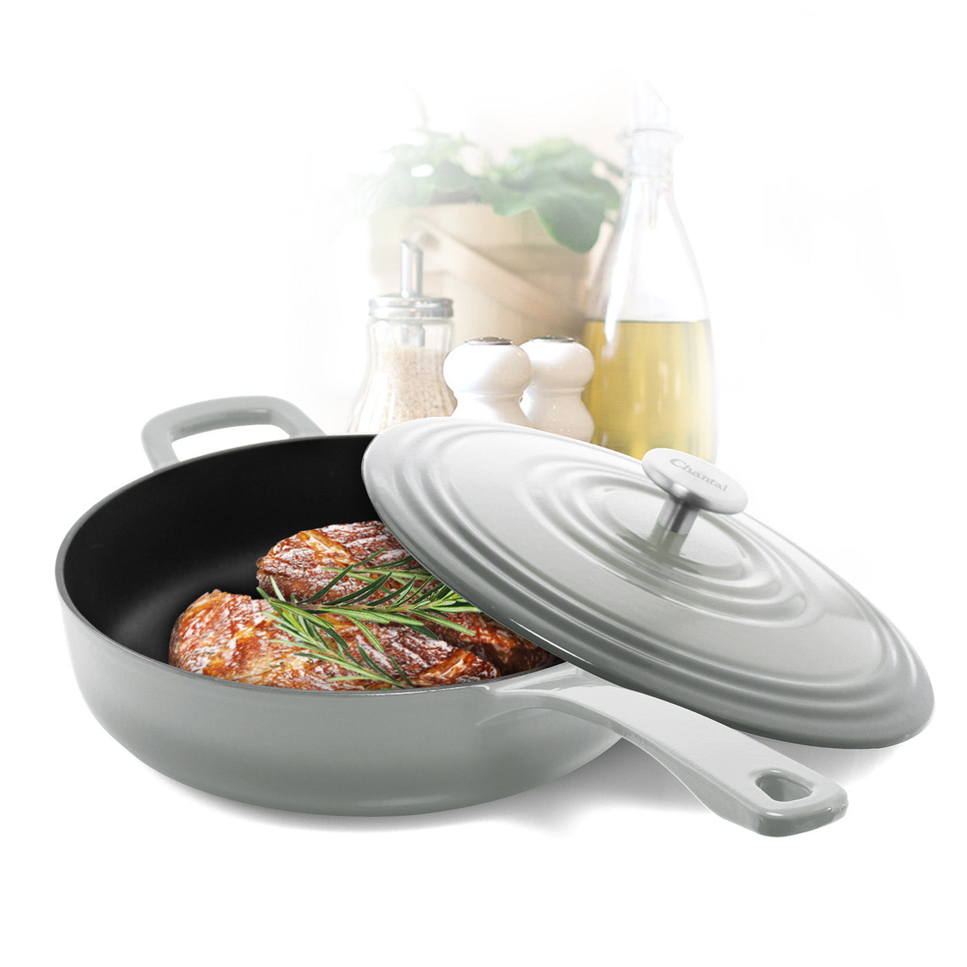 Chantal 5 qt. Round Cast-Iron Saute Skillet w/ Lid, Fade Gray