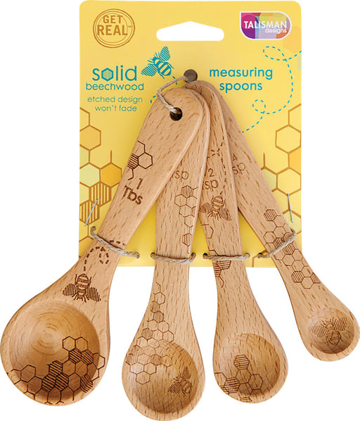 Talisman Designs Laser Etched Honey Bee Beechwood Measuring Spoons, Honey Bee Collection Set of 4