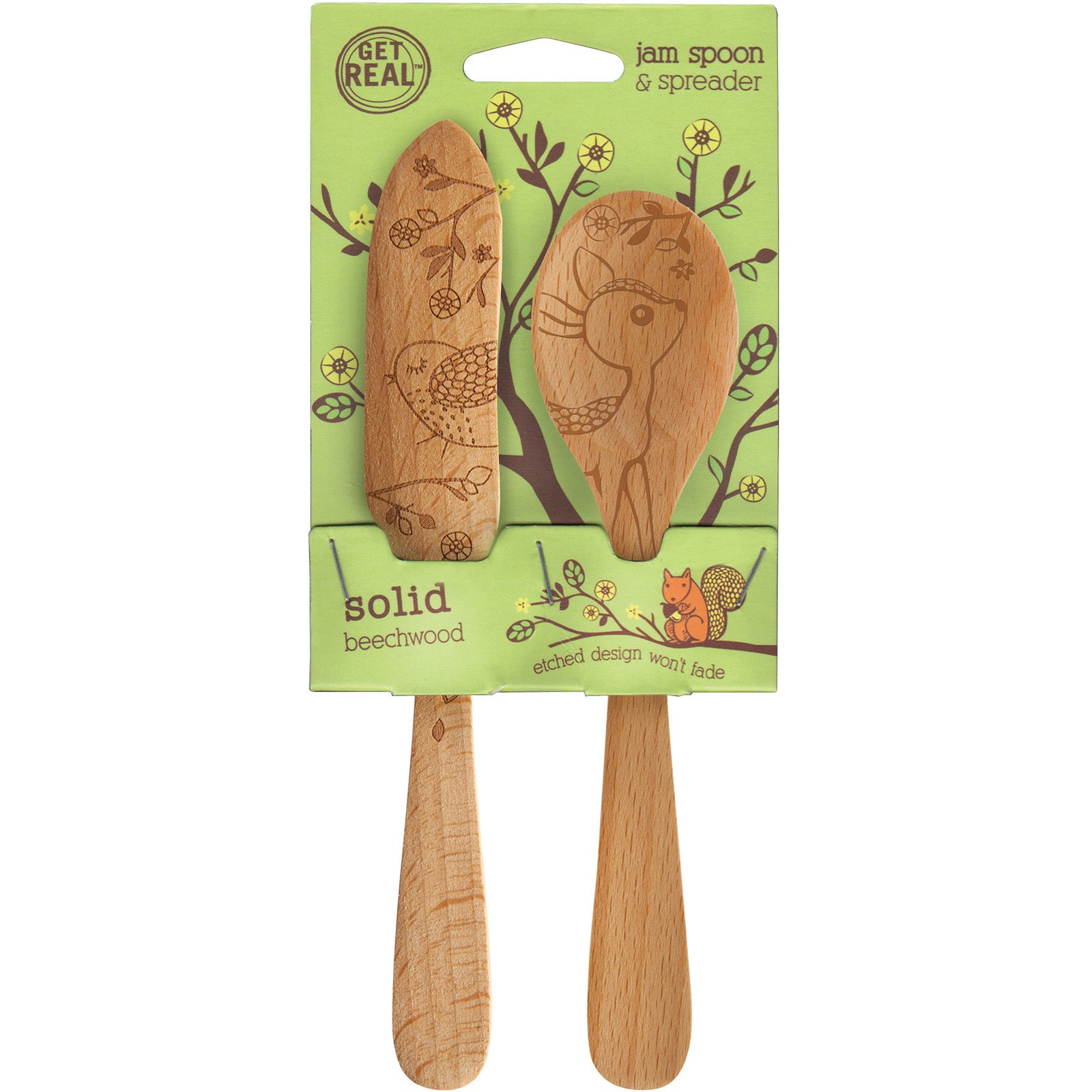 Talisman Designs Laser Etched Beechwood Jam Spoon & Spreader Set, Woodland Collection, Set of 2