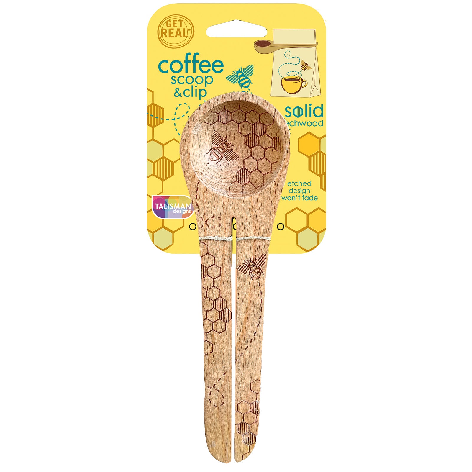 Talisman Designs Beechwood Coffee Scoop & Clip, Honey Bee Collection