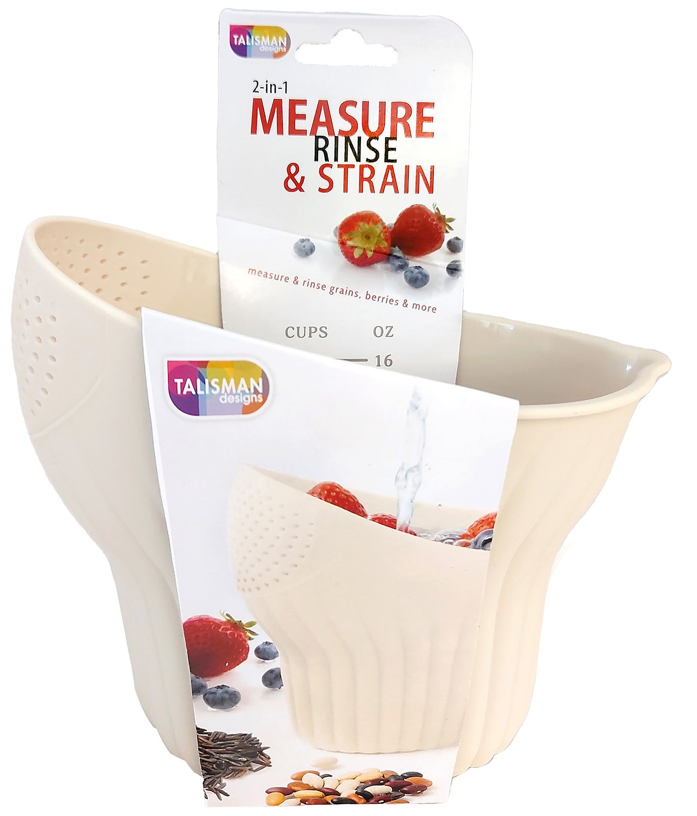 Talisman Designs 2-in-1 Measure Rinse & Strain for Grains, Fruit, and Beans, 2 Cups, Cream
