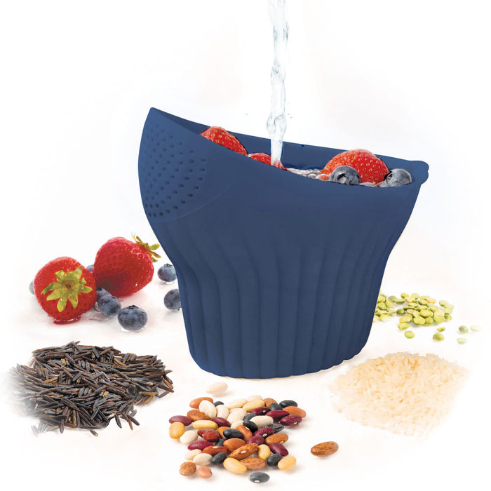 Talisman Designs 2-in-1 Measure Rinse & Strain for Grains, Fruit, and Beans, 2 Cups, Dark Blue