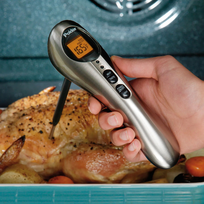 Polder Safe Serve Digital Instant Read Grill Thermometer w/10 Inch Probe, Silver