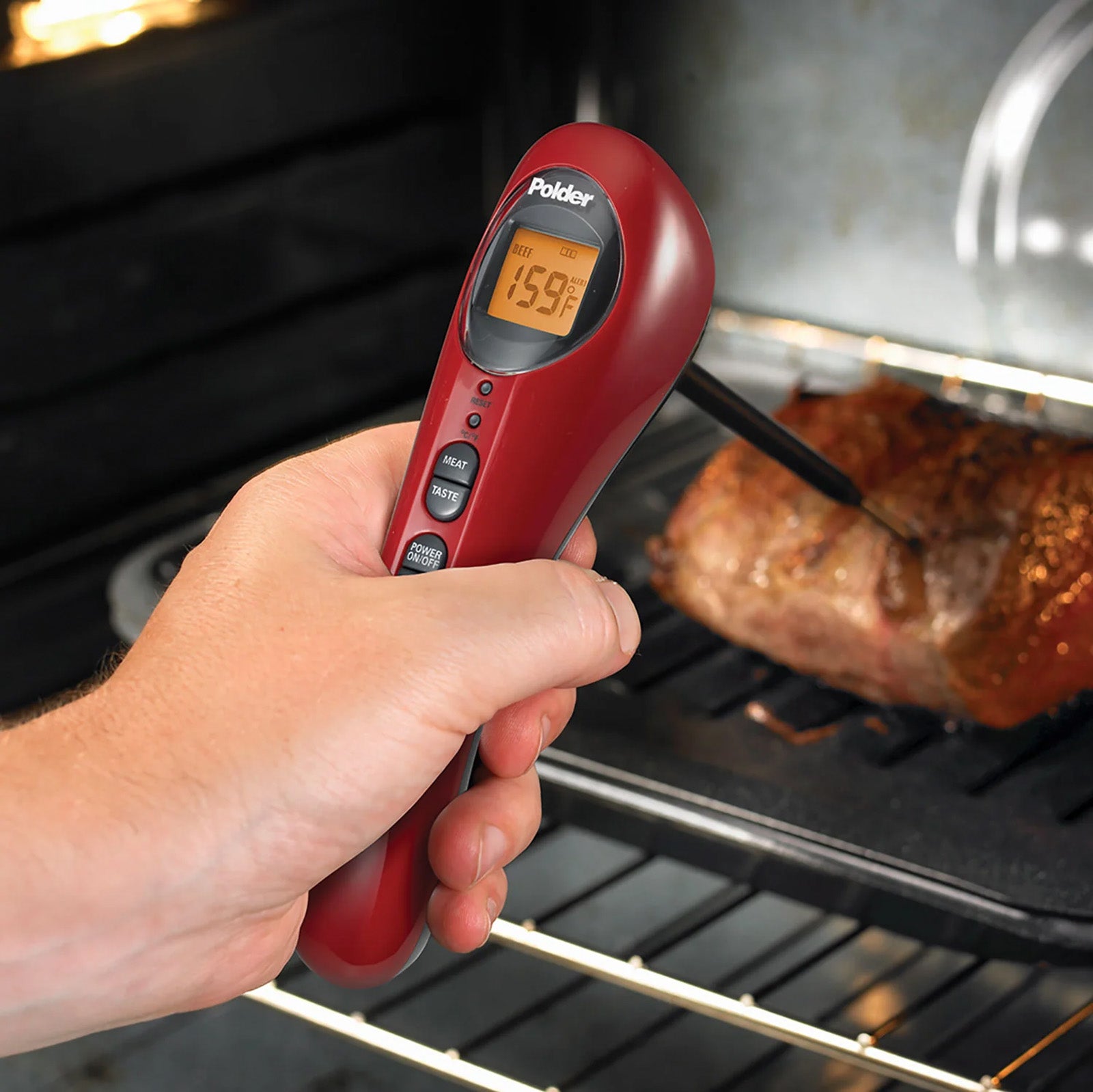 Polder Safe Serve Digital Instant Read Grill Thermometer w/ 10 Inch Probe, Red