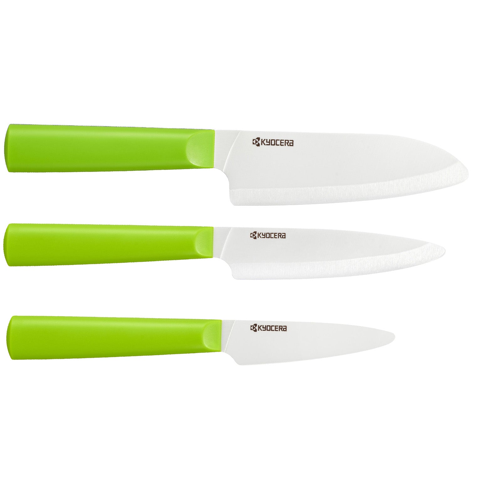 Kyocera INNOVATIONwhite® 3 Piece Ceramic Knife Set, 5.5" Santoku, 4.5" Utility, 3" Paring, Green
