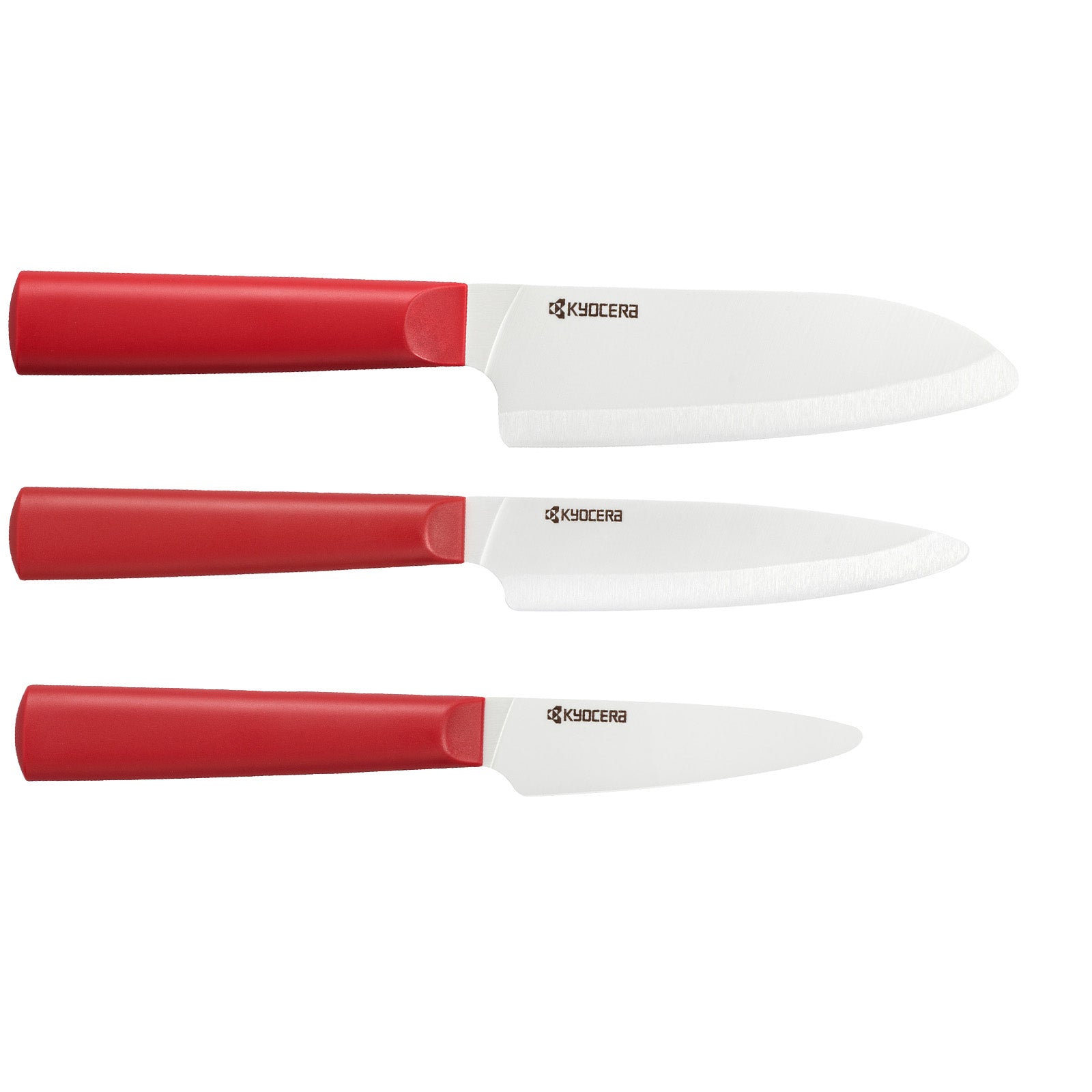 Kyocera INNOVATIONwhite® 3 Piece Ceramic Knife Set, 5.5" Santoku, 4.5" Utility, 3" Paring, Red