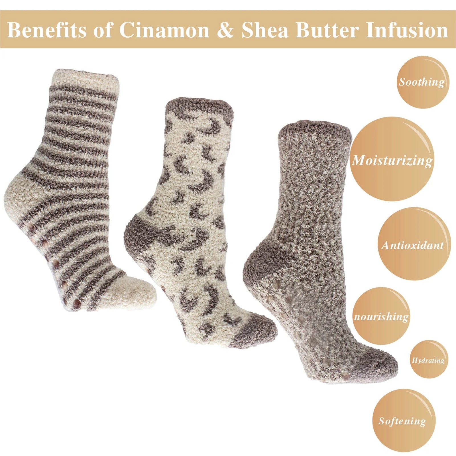 Aromasoles Essential Oil Infused Warm Cozy Slipper Socks, 3 Pack, Cinnamon