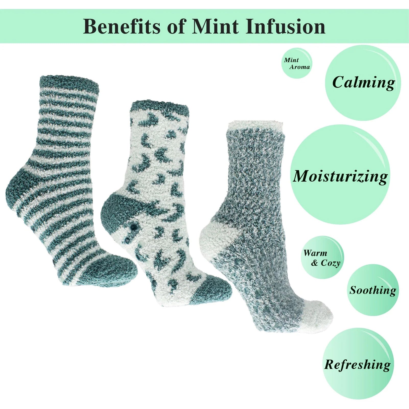 Aromasoles Essential Oil Infused Warm Cozy Slipper Socks, 3 Pack, Mint