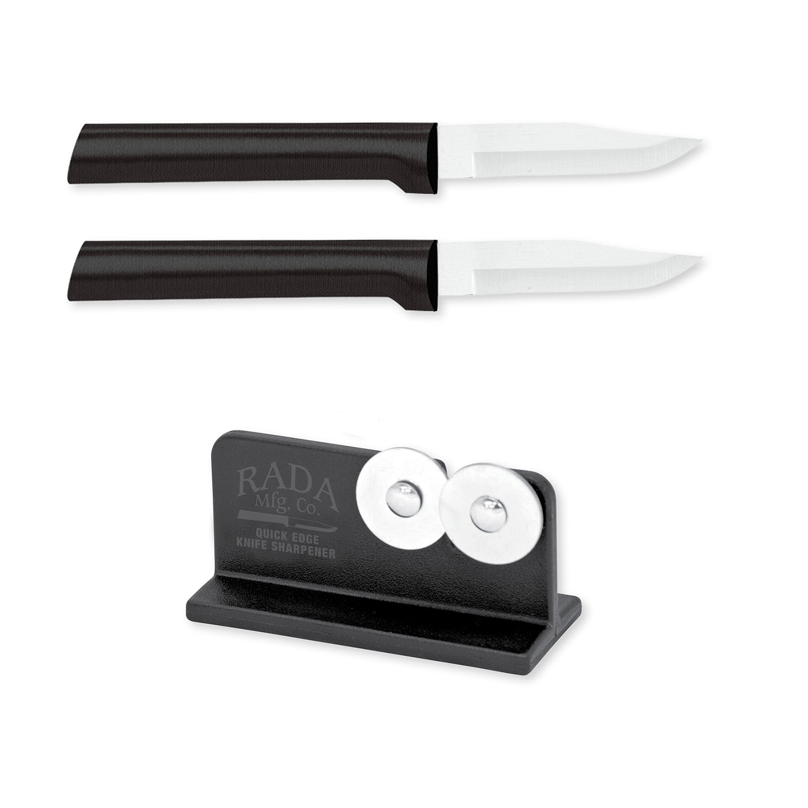 Rada Cutlery 2.5-Inch Peeling Paring Knife Set of 2, Black Handles & Quick Edge Knife Sharpener
