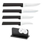 Rada Cutlery 3.25-Inch Heavy Duty Paring Knife, 3.25-Inch Regular Paring Knife, 2.5-Inch Peeling Knife, 2.38-Inch Granny Paring Knife, Black Handles & Quick Edge Knife Sharpener