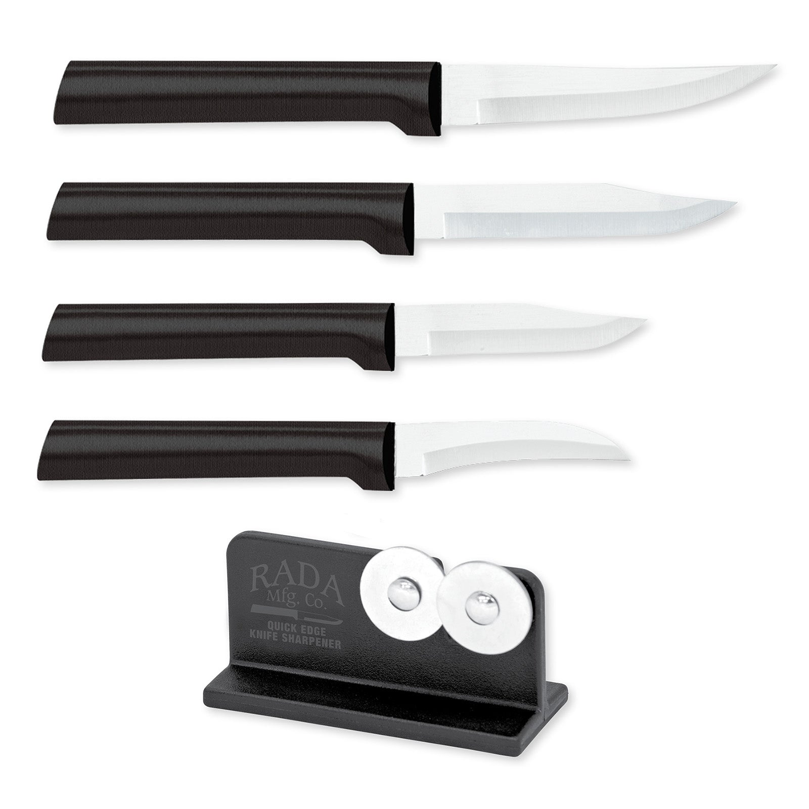 Rada Cutlery 3.25-Inch Heavy Duty Paring Knife, 3.25-Inch Regular Paring Knife, 2.5-Inch Peeling Knife, 2.38-Inch Granny Paring Knife, Black Handles & Quick Edge Knife Sharpener