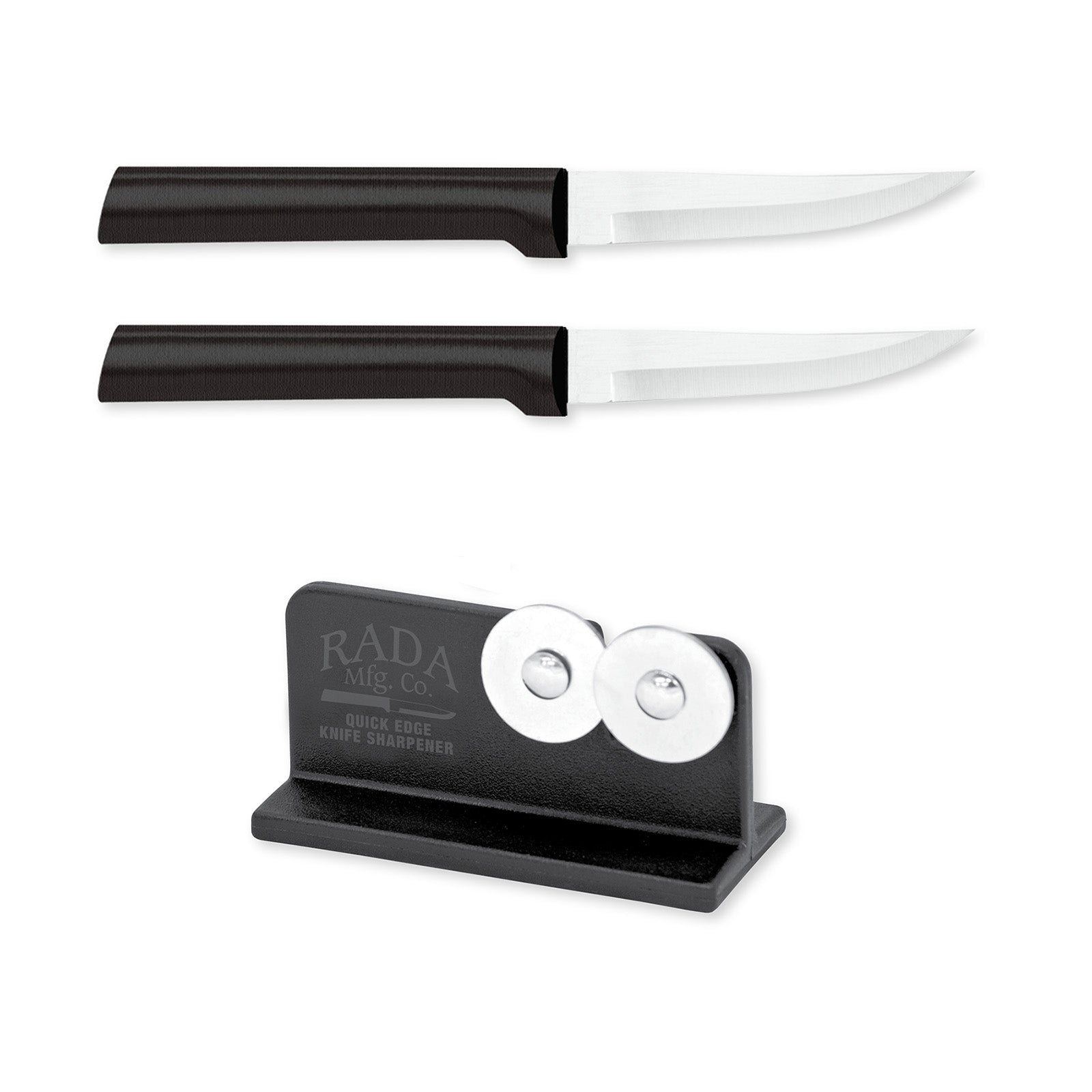 Rada Cutlery Heavy Duty 3.25-Inch Paring Knife Set of 2, Black Handles & Quick Edge Knife Sharpener