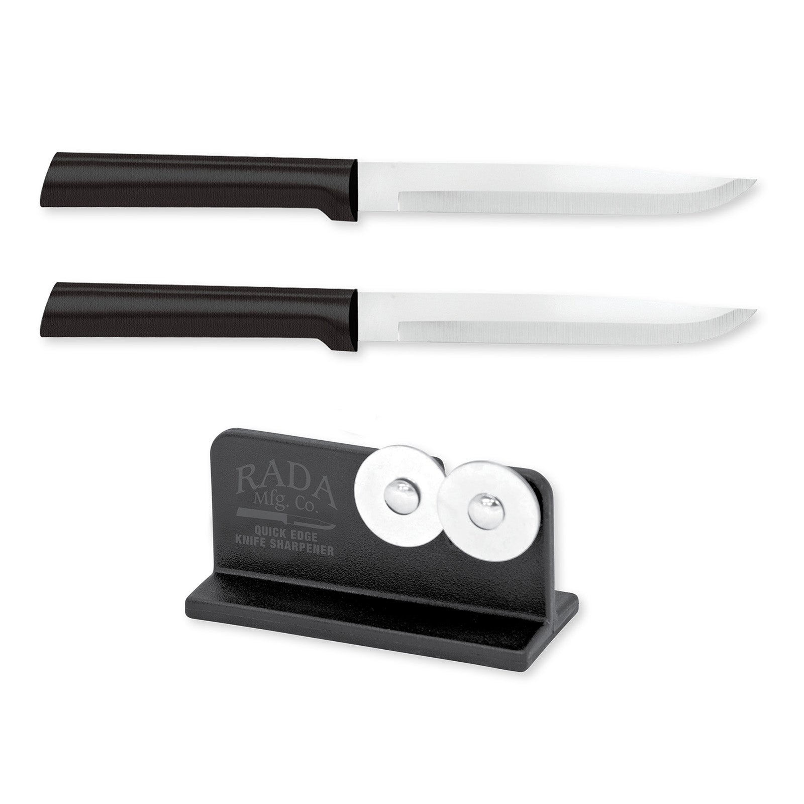 Rada Cutlery 4.875-Inch Utility/Steak Knife Set of 2, Black Handles & Quick Edge Knife Sharpener