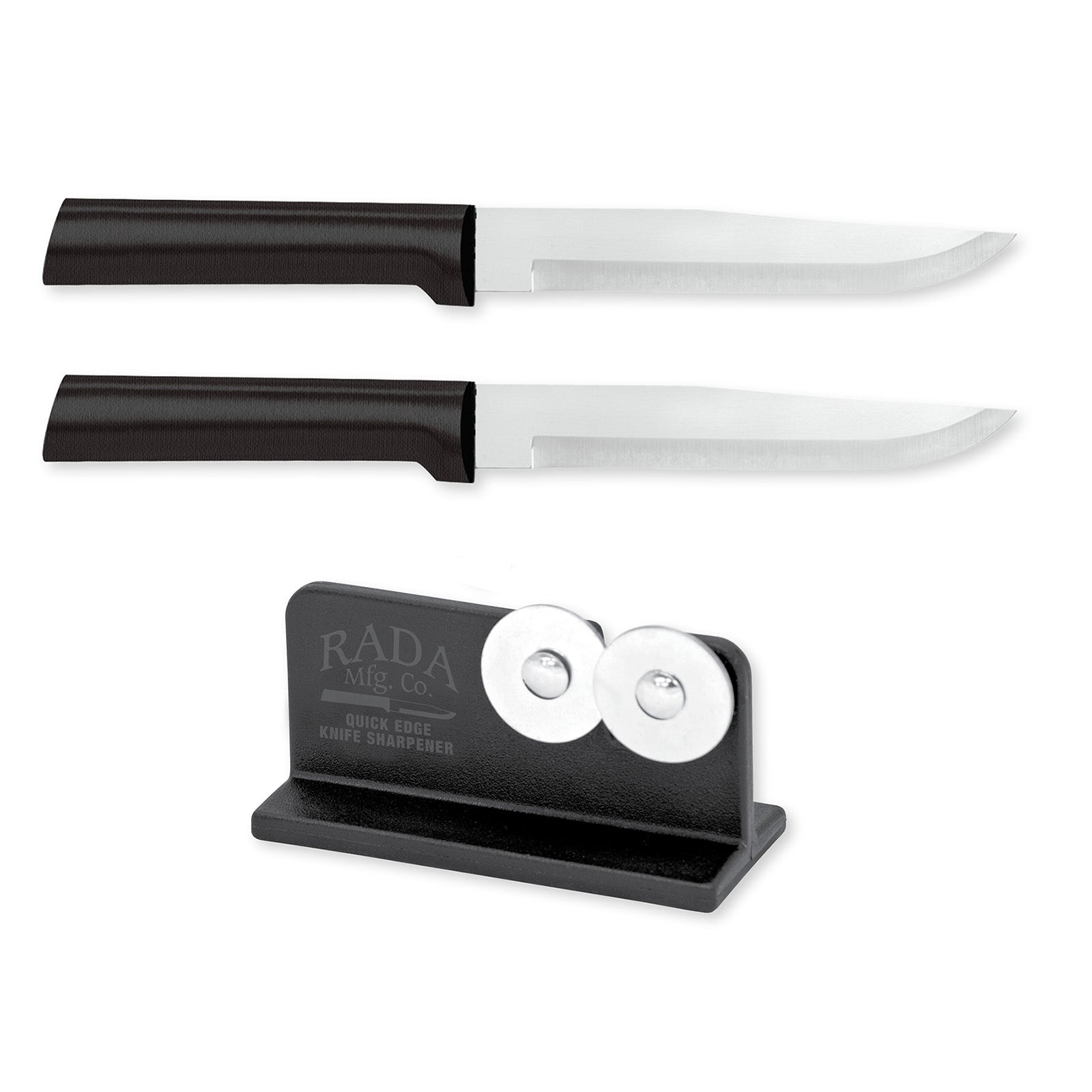 Rada Cutlery 5.375-Inch Stubby Butcher Knife Set of 2, Black Handles & Quick Edge Knife Sharpener