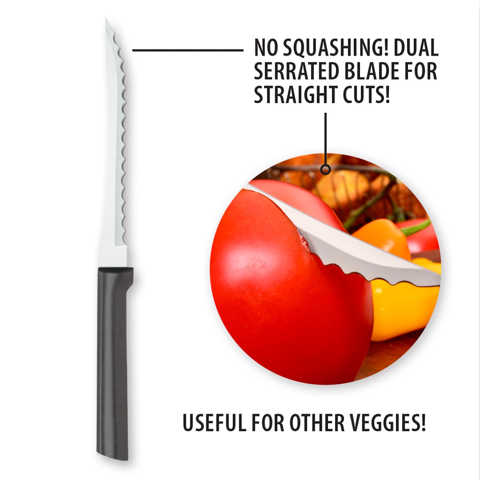Rada Cutlery 5-Inch Tomato Slicer Stainless Steel Serrated Blade, Set of 4, Black Handles