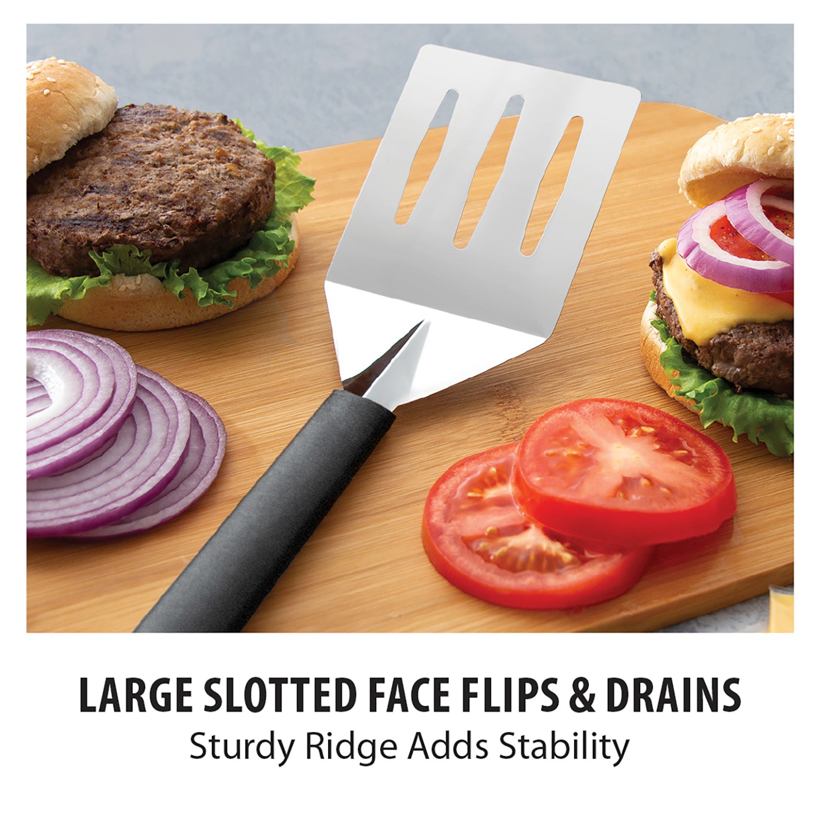 Rada Cutlery Turnover Large Faced Slotted Turner Spatula, Black Handle