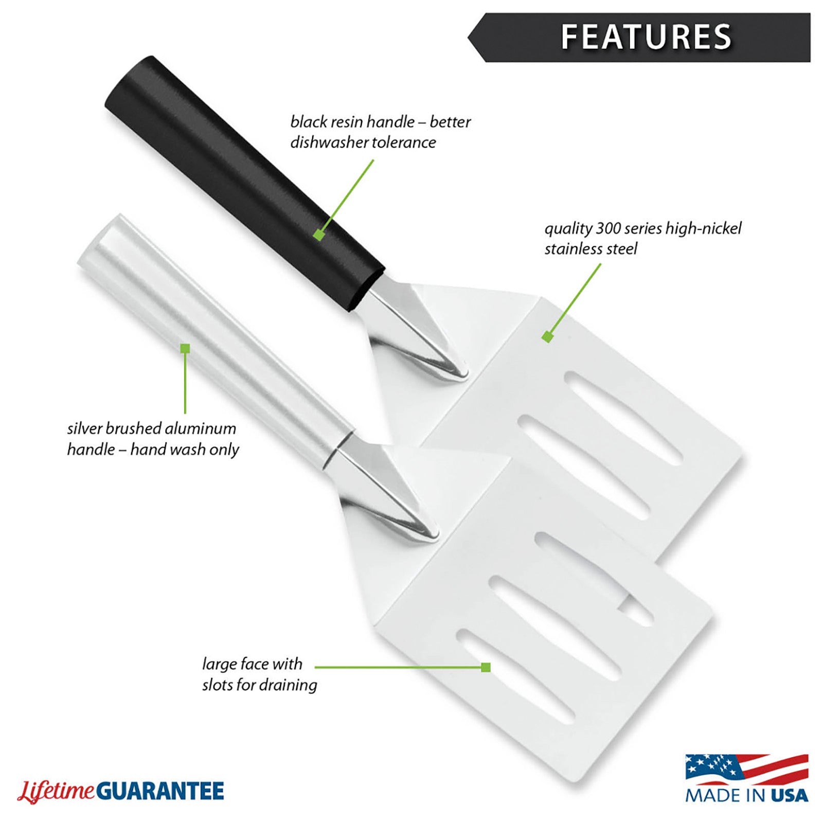 Rada Cutlery Turnover Large Faced Slotted Turner Spatula, Black Handle