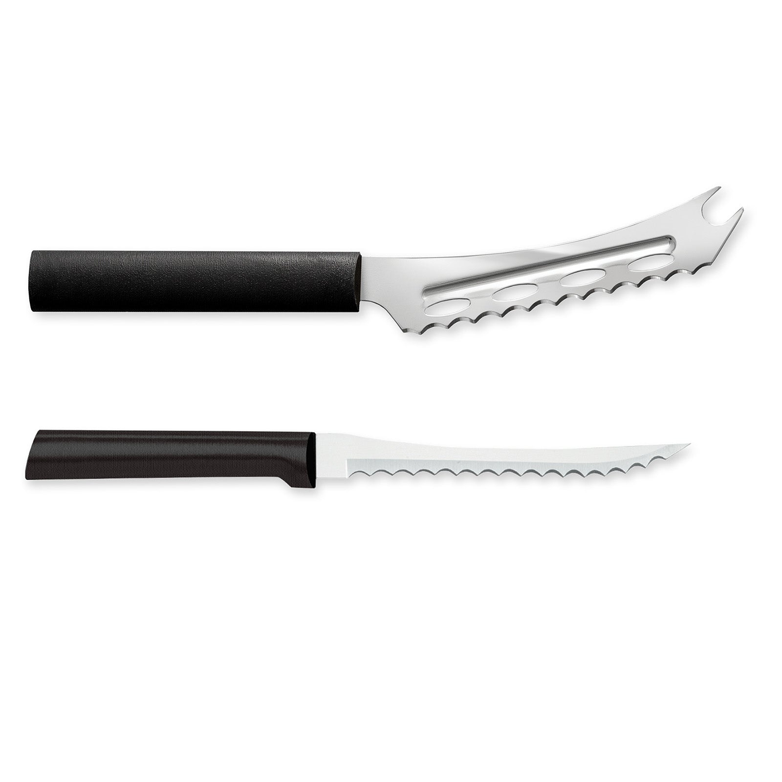Rada Cutlery 5.25-Inch Cheese Knife & 5-Inch Tomato Slicer, Stainless Steel Serrated Blades, Black Handles