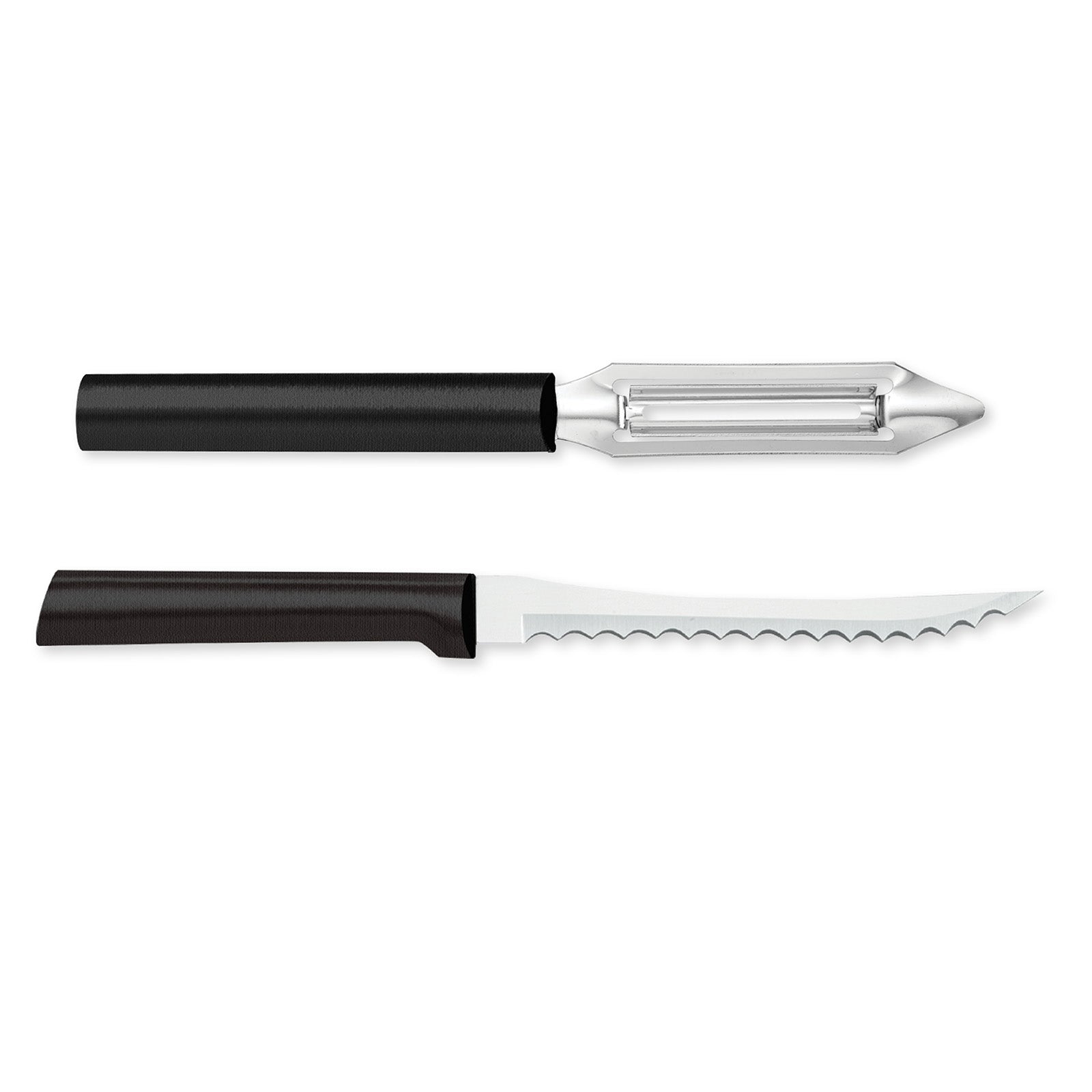 Rada Cutlery 2-Inch Deluxe Vegetable Peeler & 5-Inch Tomato Slicer Stainless Steel Serrated Blade, Black Handles