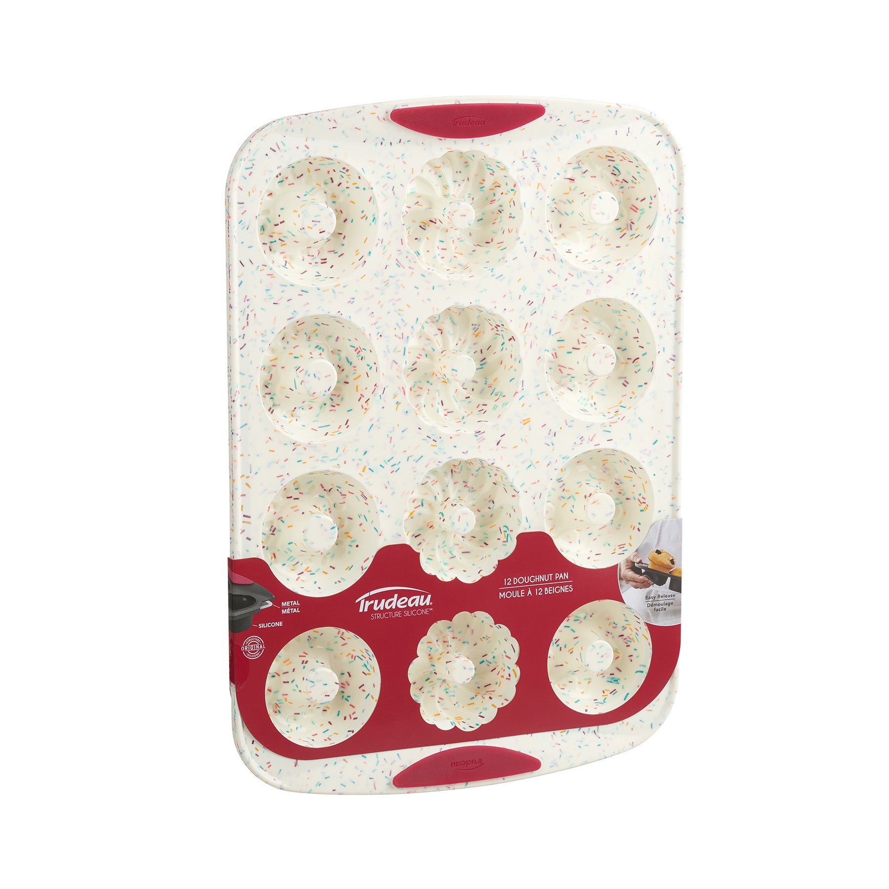 Trudeau Structure Silicone 12 Cavity Decorated Donut Pan, Confetti/Fuchsia