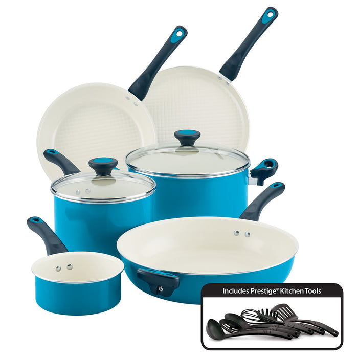 Go Healthy! by Farberware Nonstick Cookware Pots and Pans Set with QuiltSmart Technology, 14-Piece, Aqua