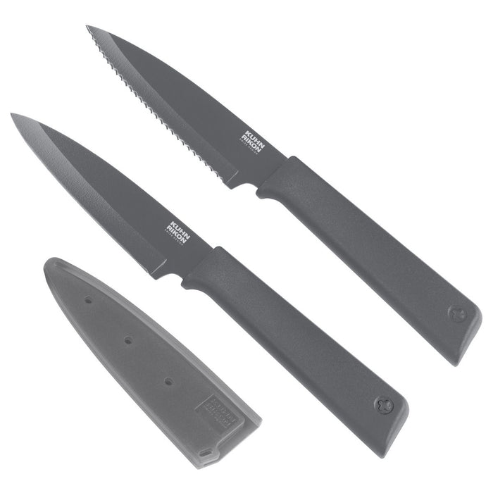 Kuhn Rikon COLORI+ Non-Stick Straight & Serrated Paring Knife Set, Graphite Grey