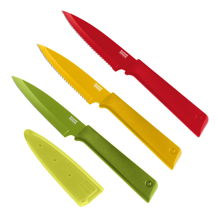 Kuhn Rikon COLORI+ Straight & Serrated Paring Knife Set, Red, Yellow, Green