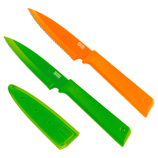 Kuhn Rikon Colori+ Prep Set, Set of 2 Serrated & Paring Knives, Orange/Green