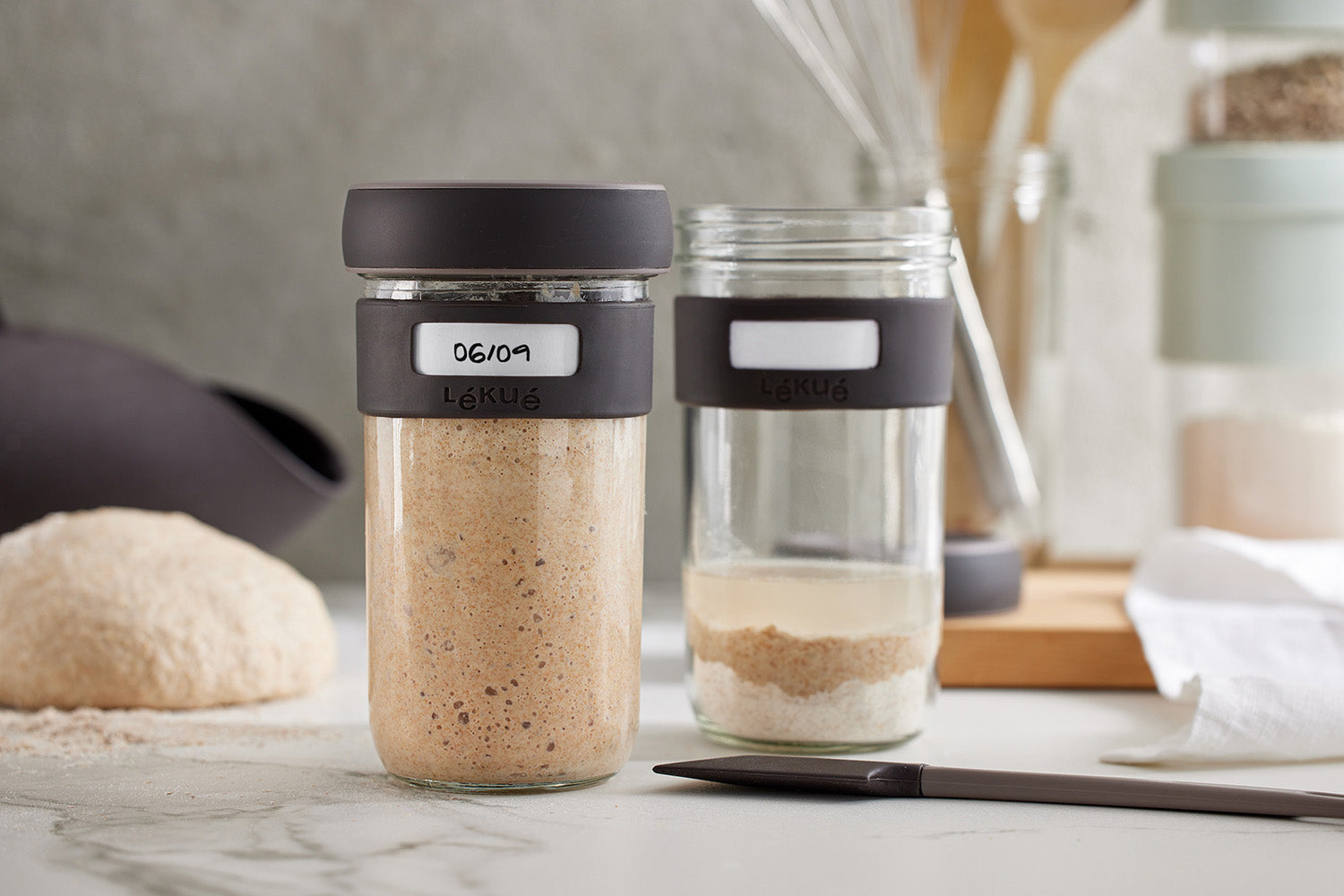 Lekue Sourdough Starter Set with 2 Jars and Silicone Spatula, Brown